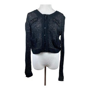 Yest Cardigan Sweater Womens Medium 10 US Black Open Knit Button Up Metallic New